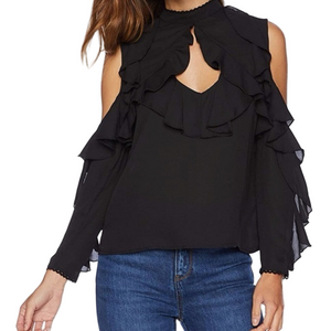 BB DAKOTA Women’s Extra Small Cold Shoulder Keyhole Black Chiffon Flounce Blouse